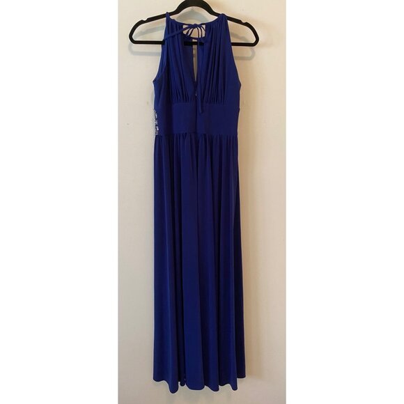R&M Richards Formal Maxi Dress Gown Blue Sleeveless Beaded Waist Keyhole Neck 6 - Picture 5 of 15
